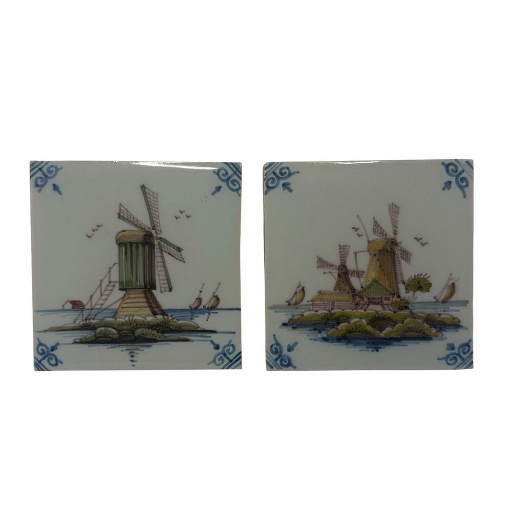 Lot of 2 Unique Polychrome TILE MAKKUM Tichelaar Delft Holland Mill